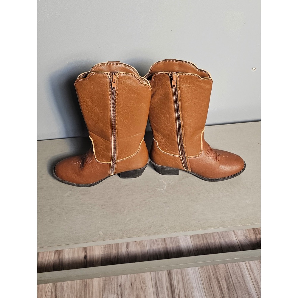 Kids Brown Western Cowboy Boots Side Zip Decorative Stitching Size 1 - Picture 3 of 5